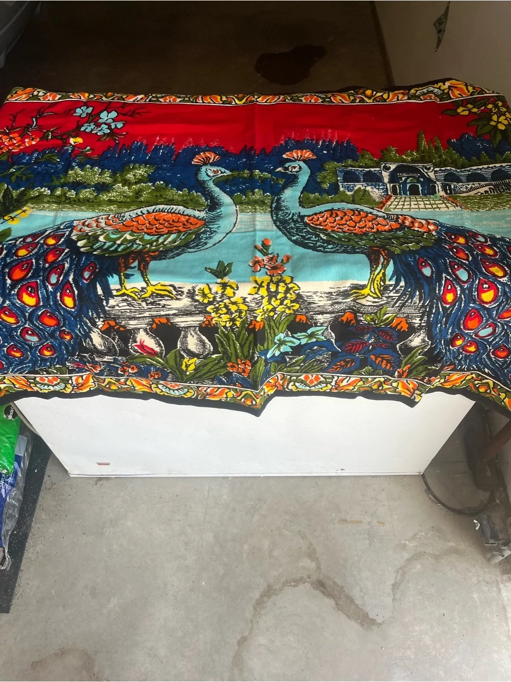 Vintage 1970’s Vibrant Peacock Tapestry - Red & Turquoise